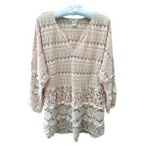 SUNDANCE | Blush Pink Boho Sheer Lace Embroidered Peplum Tunic Top | Large